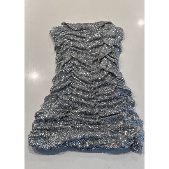 Zara Size Medium Silver Sequin Strapless Ruched Mini Dress Sparkle Ruffle Trim - Picture 1 of 8